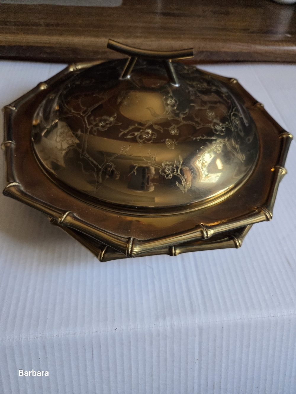 Vintage 60s 4-Piece Etched Brass Octagonal Lidded Serving Bowl